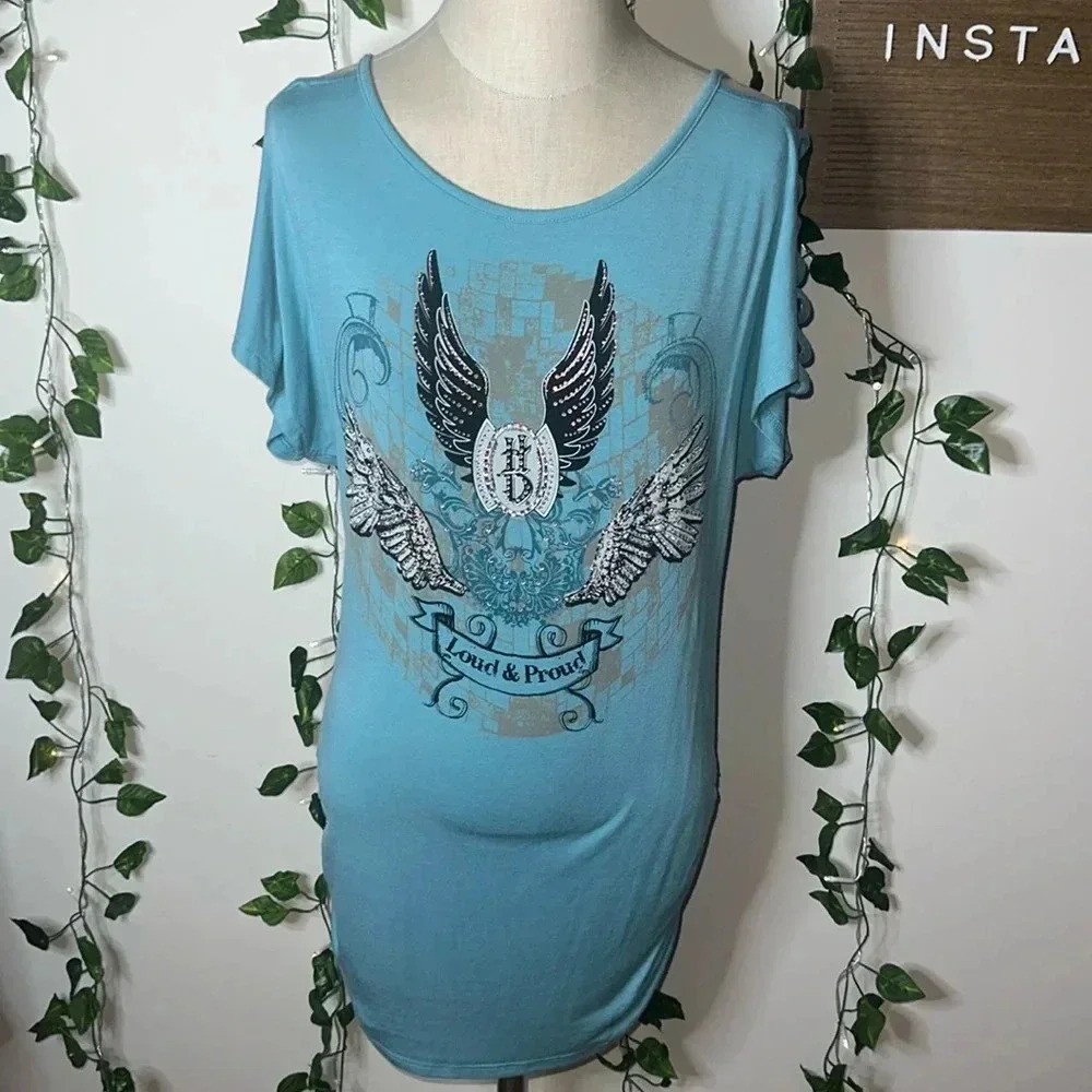 Harley Davidson Blue T-Shirt Dress Bling Rhinestone